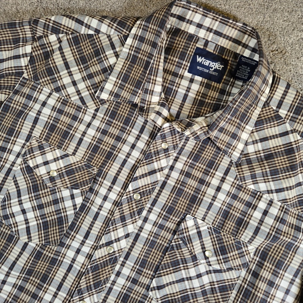 Vintage Wrangler Pearl Snap Brown Plaid Western Short Sleeve Shirt Size 2XLT